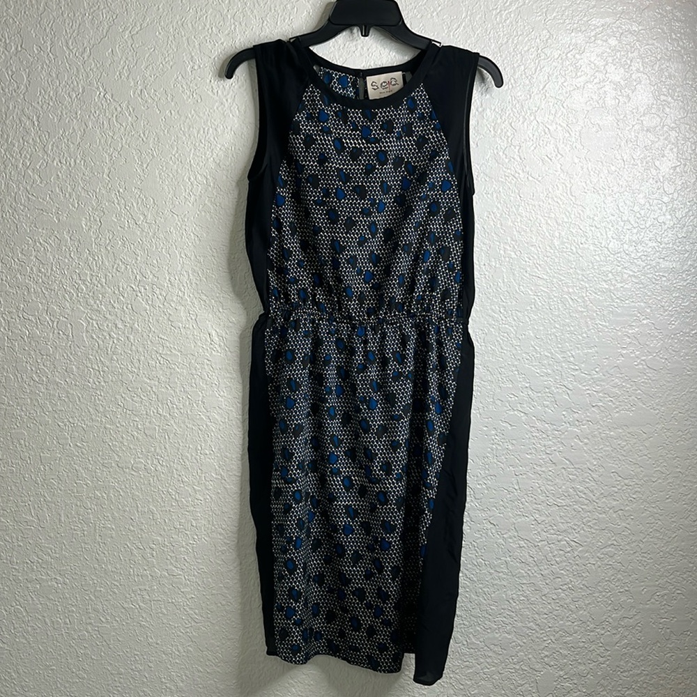 SEA New York Women’s Stretch Silk Sheath Dress Black/Blue Print Midi sz 4